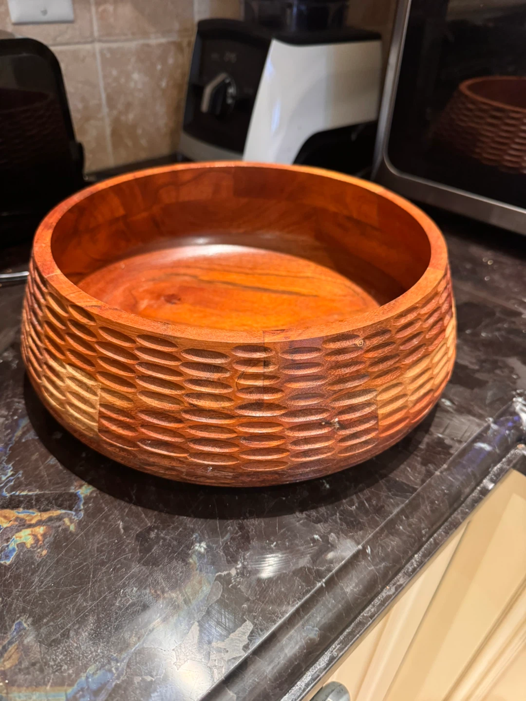 Crate and Barrel Wooden Carved Serving Bowl and stackable bowls