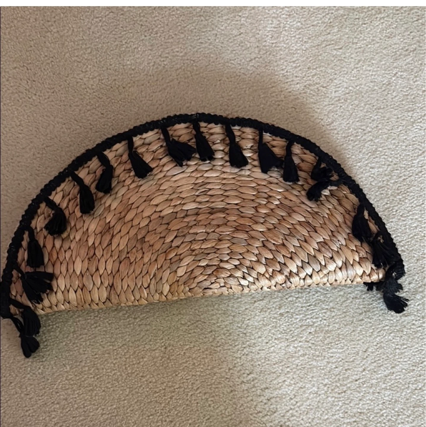 Straw Clutch with Black Tassels