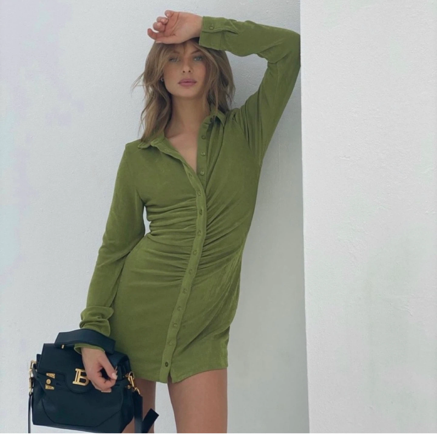 With Jean Green Ruched Button-Up Mini Dress