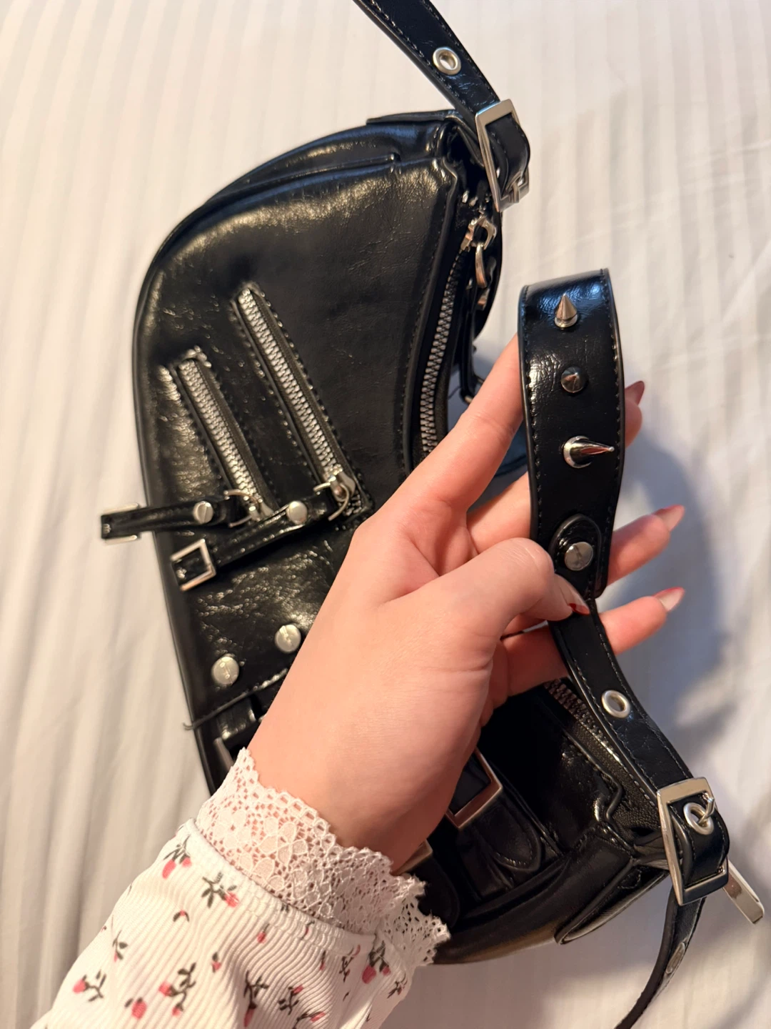 Black Spiked & Buckled Shoulder Bag - photo 5