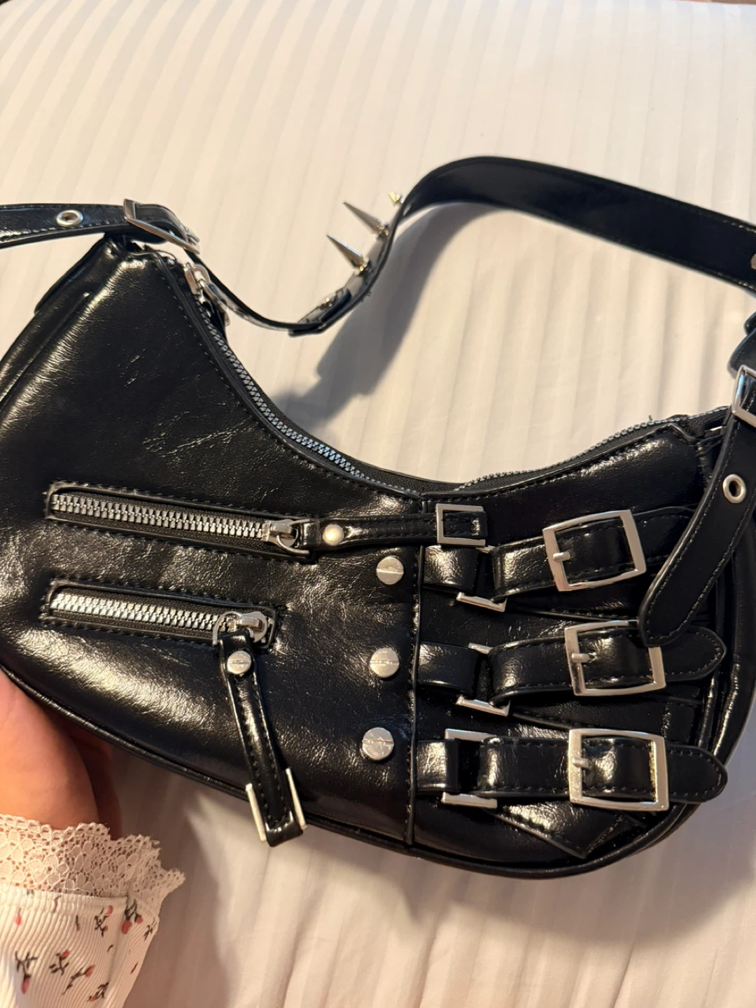 Black Spiked & Buckled Shoulder Bag - photo 2