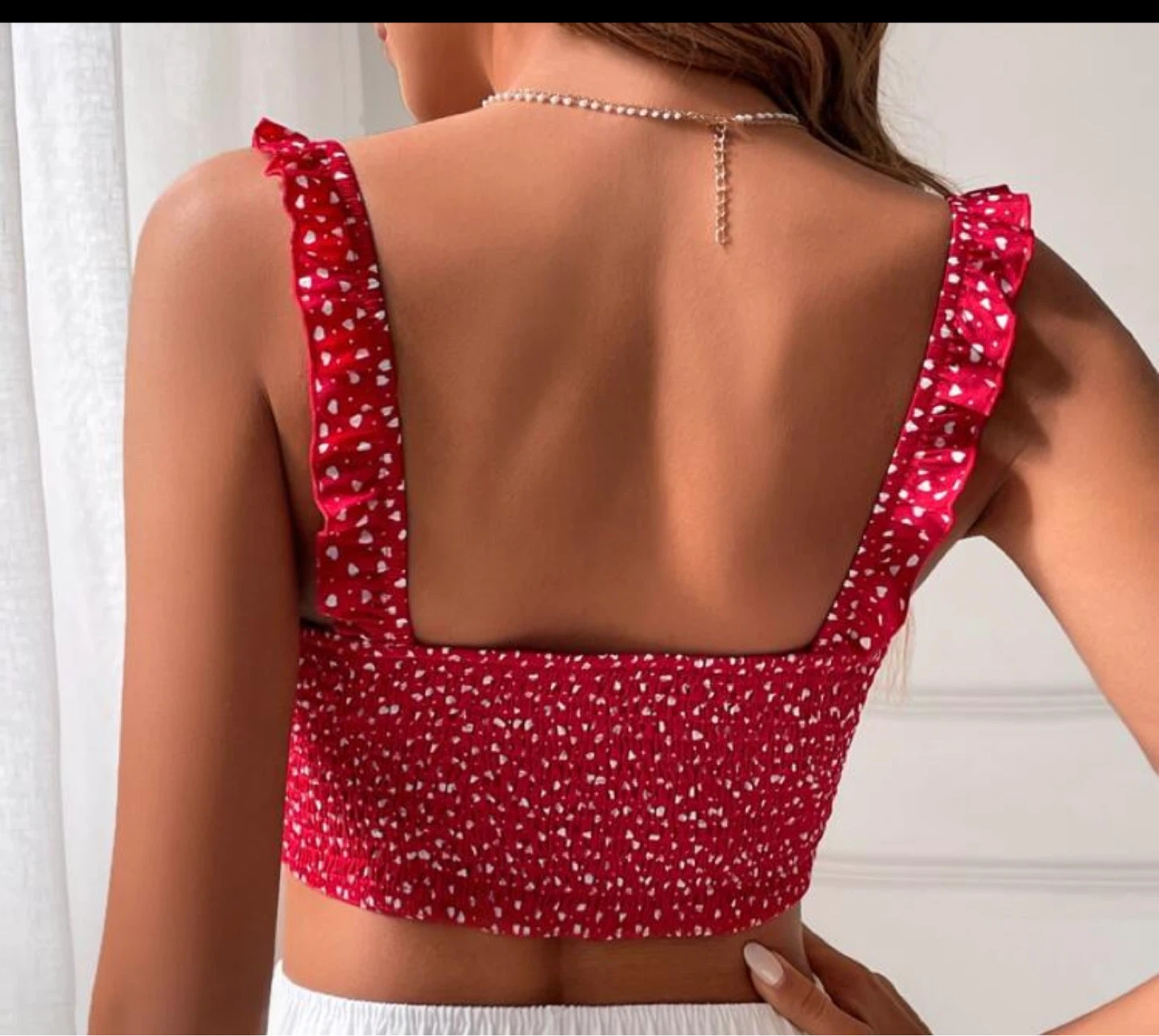 Red Heart Print Ruffle Crop Top
