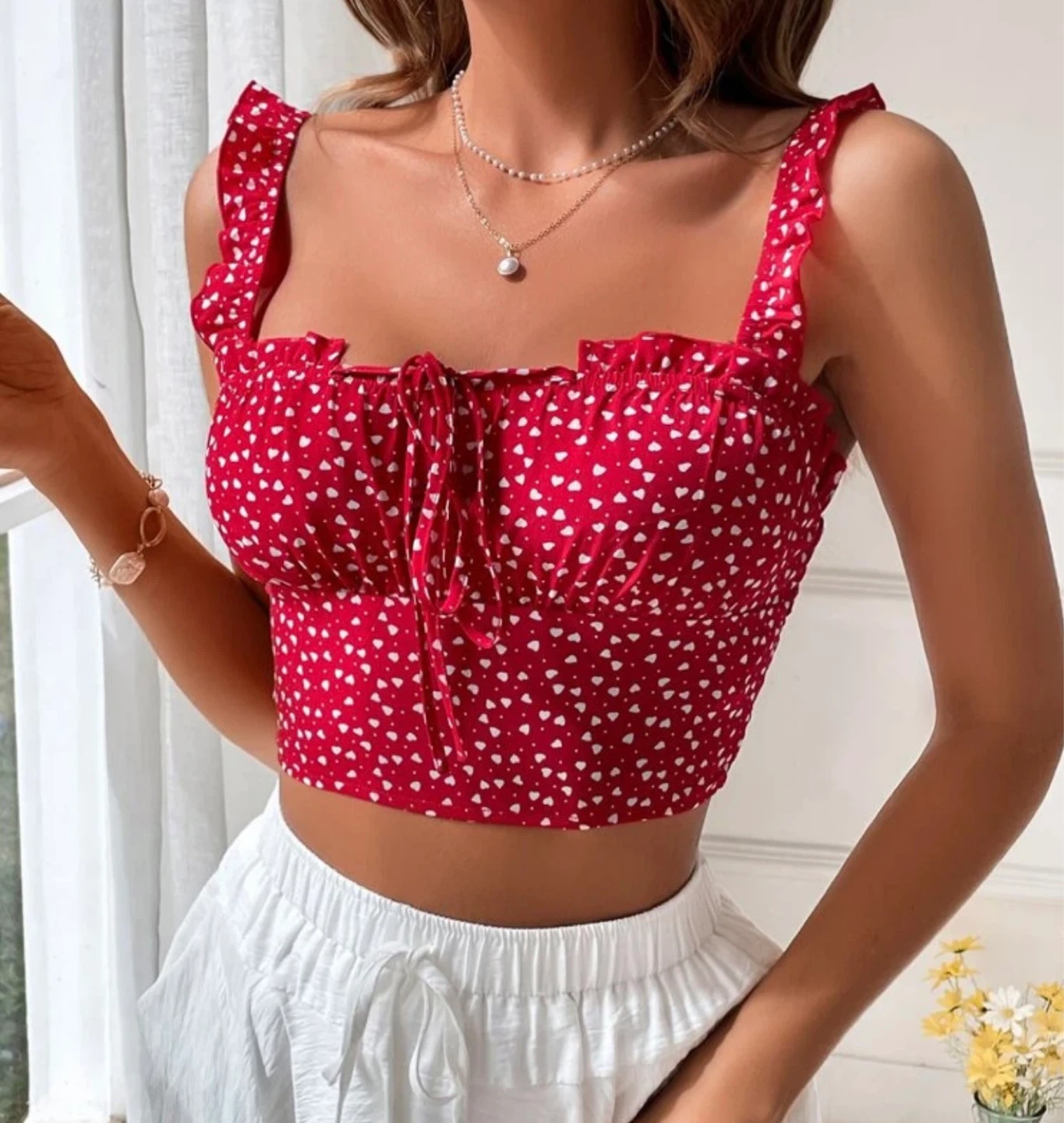 Red Heart Print Ruffle Crop Top - photo 2