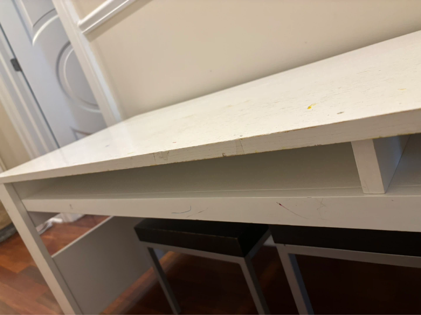 Long White Kids Desk with Yellow Chairs - photo 4