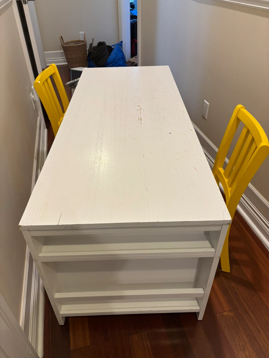 Long White Kids Desk with Yellow Chairs
