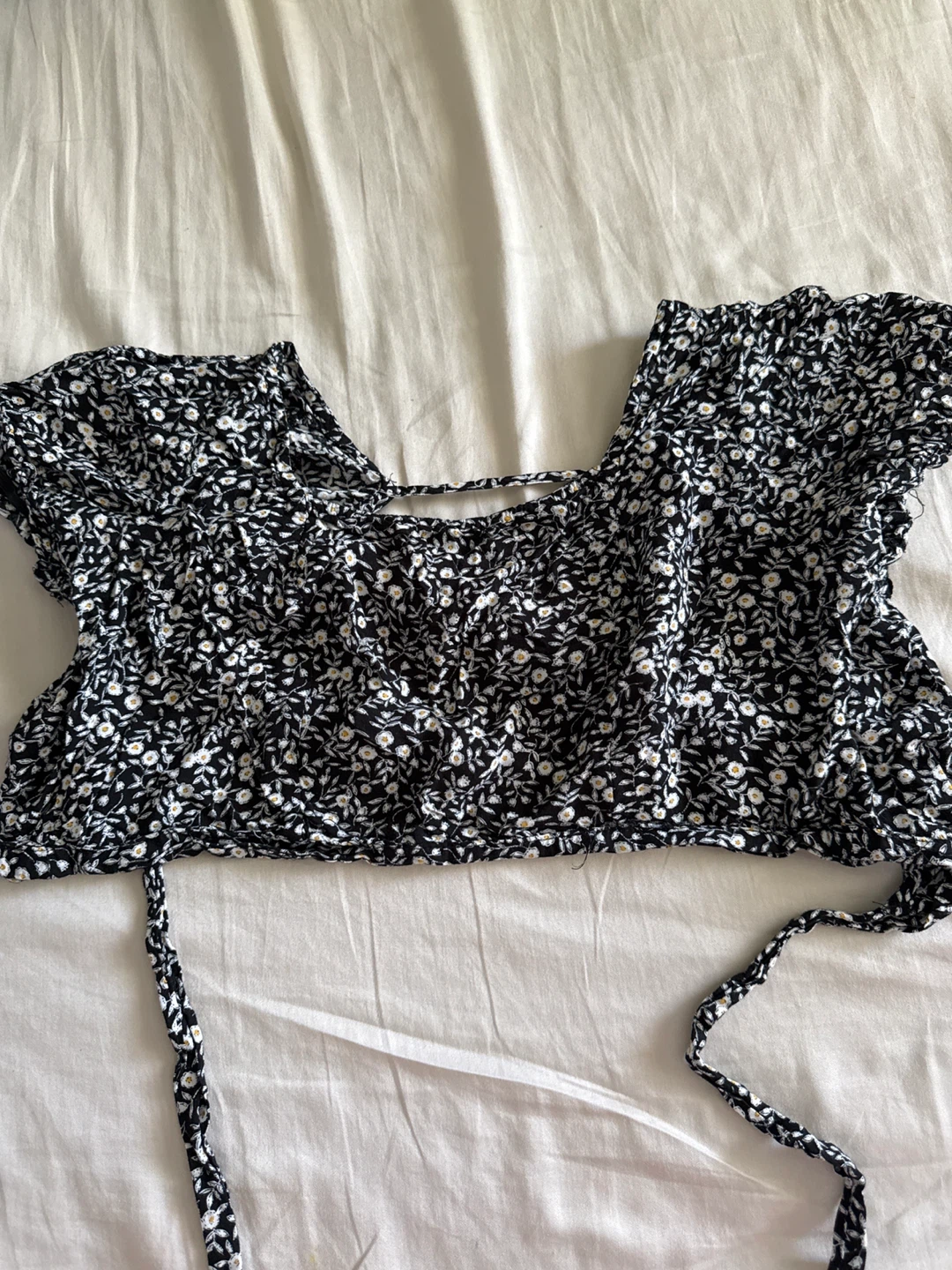 Black Floral Print Crop Top with Tie Back
