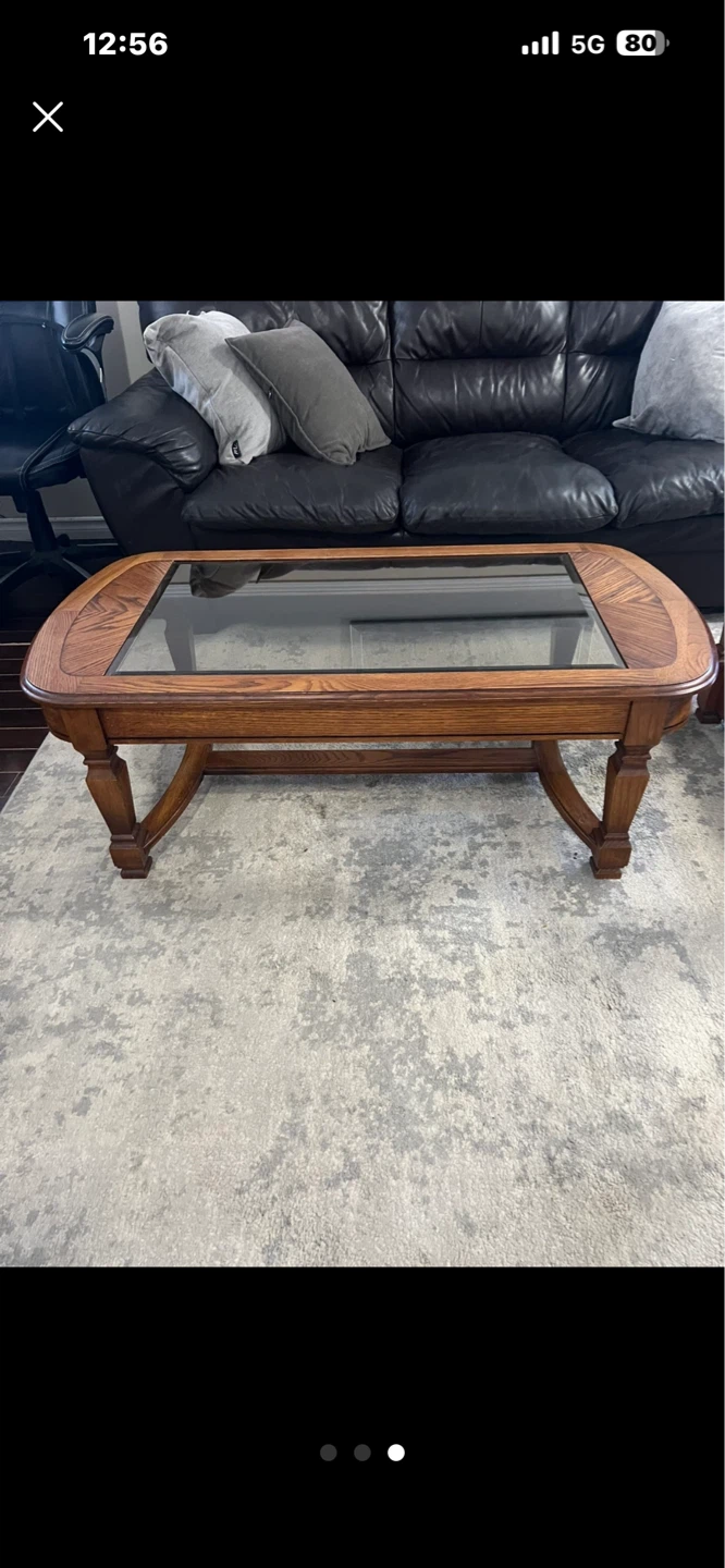 Wood and Glass Coffee and End Tables Set