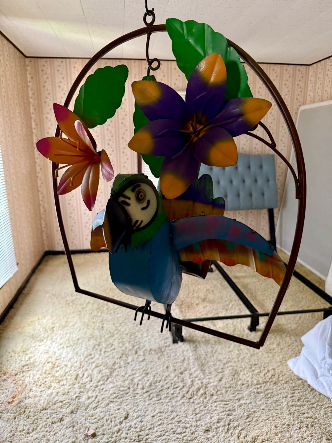 2ft Metal Parrot and Flower Hanging Decor