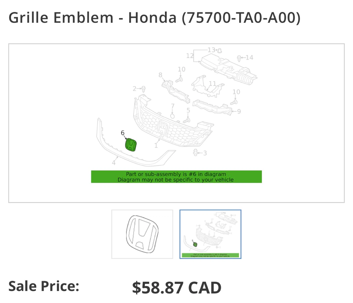 OEM Honda Front Grille Emblem Part Number: 75700-TA0-A00 - photo 2