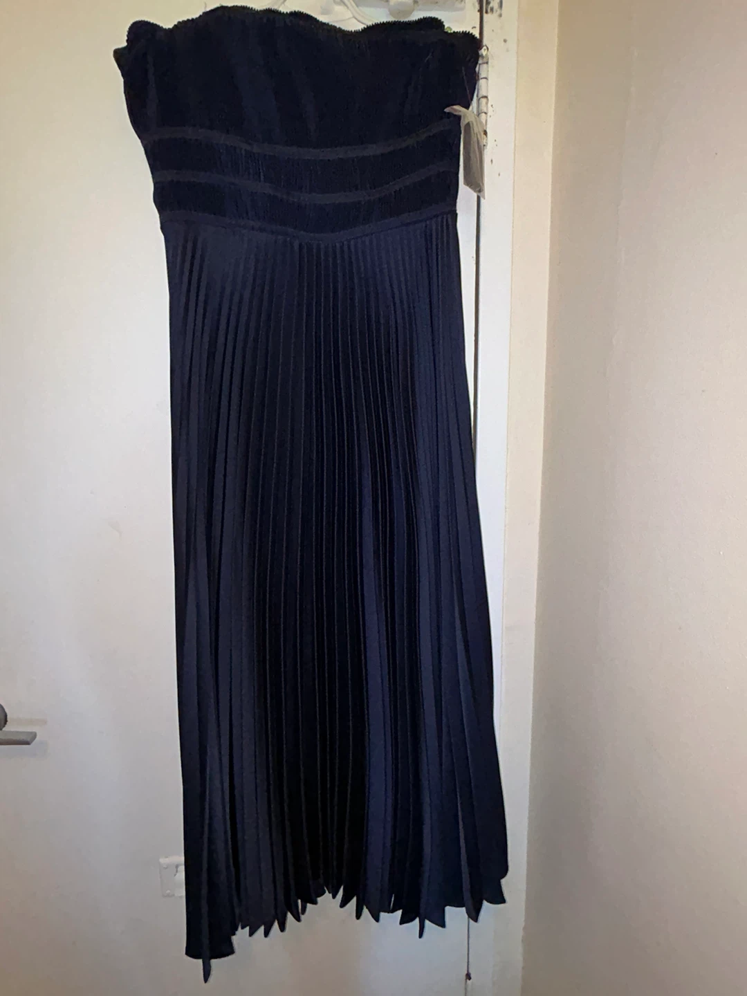 Navy Blue Pleated Strapless Dress