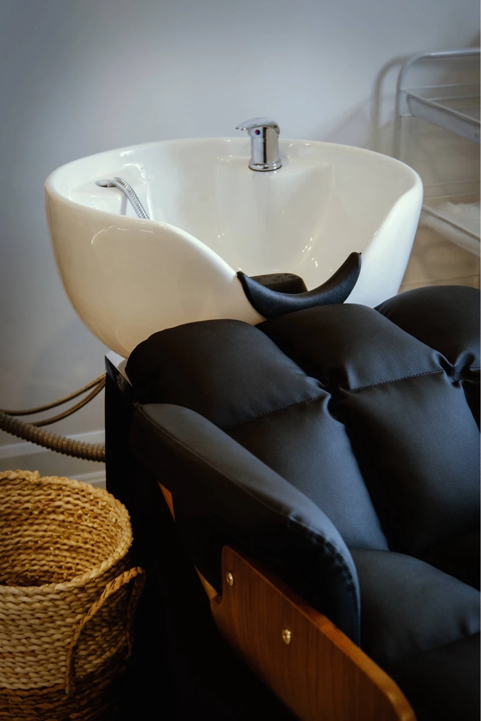 Salon Shampoo Lounge with White Ceramic Basin and Faucet