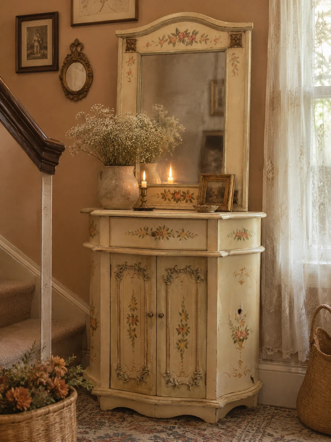 Vintage Hand-Painted Hallway Table with Mirror