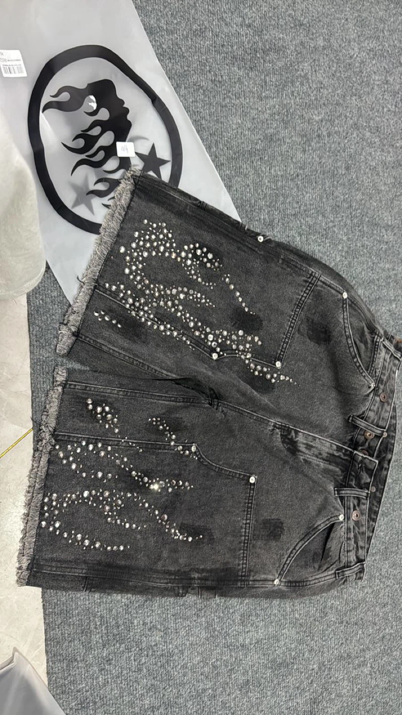 Hellstar double knee rhinestone flame shorts