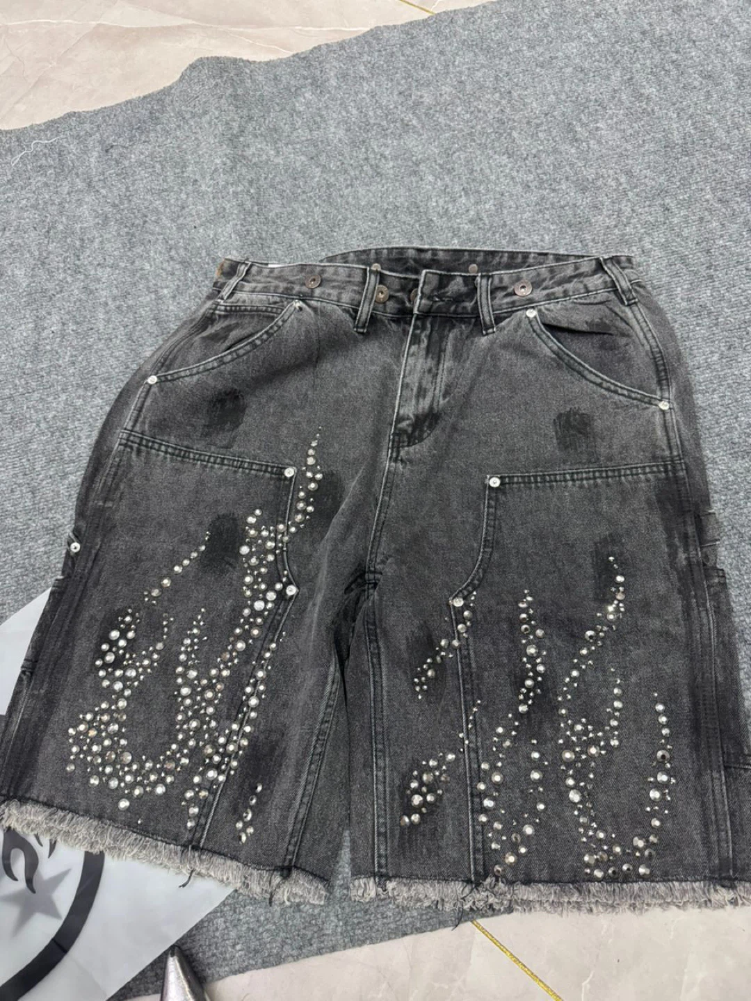 Hellstar double knee rhinestone flame shorts - photo 3