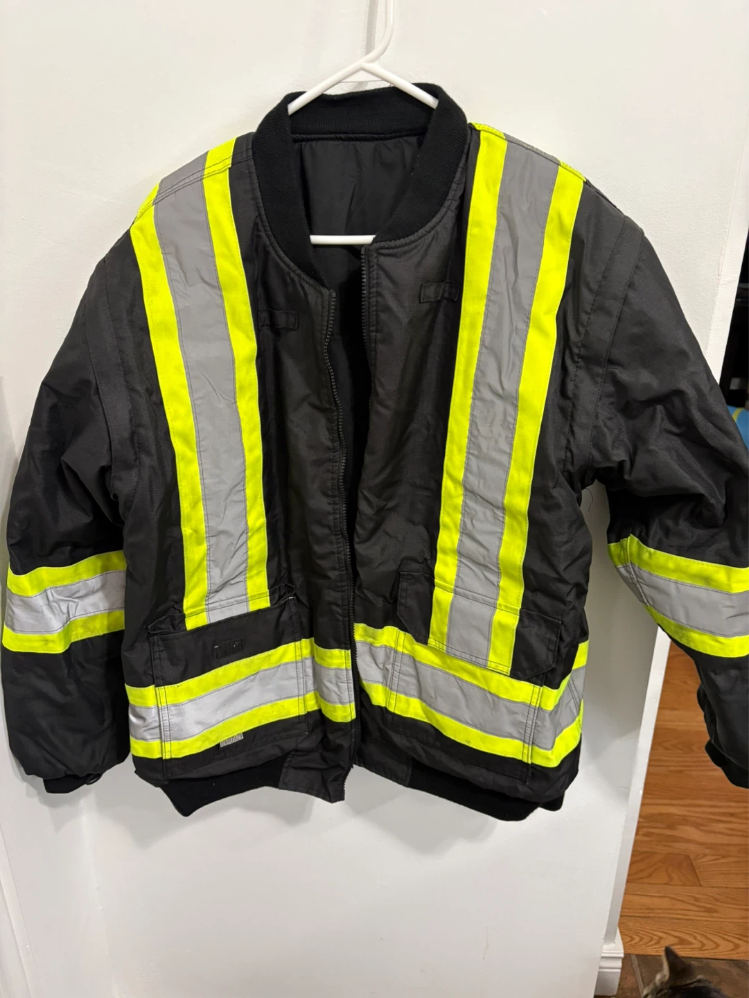 Black Bomber Jacket with High-Visibility Reflective Strips - L