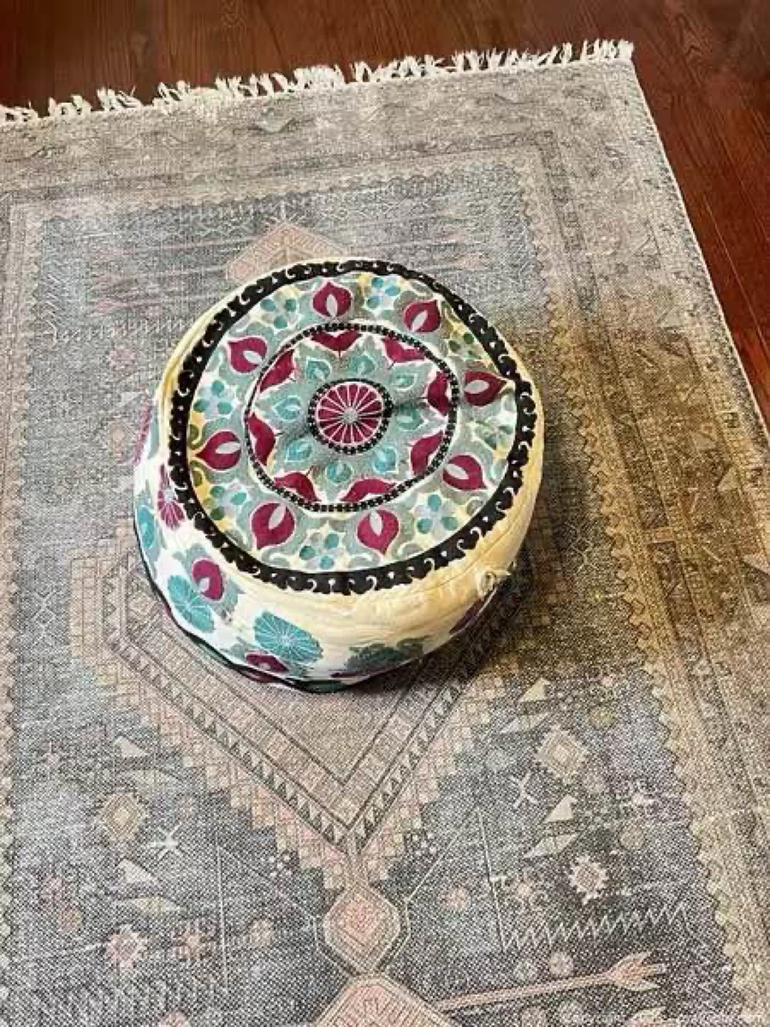 Round Embroidered Pouf Ottoman