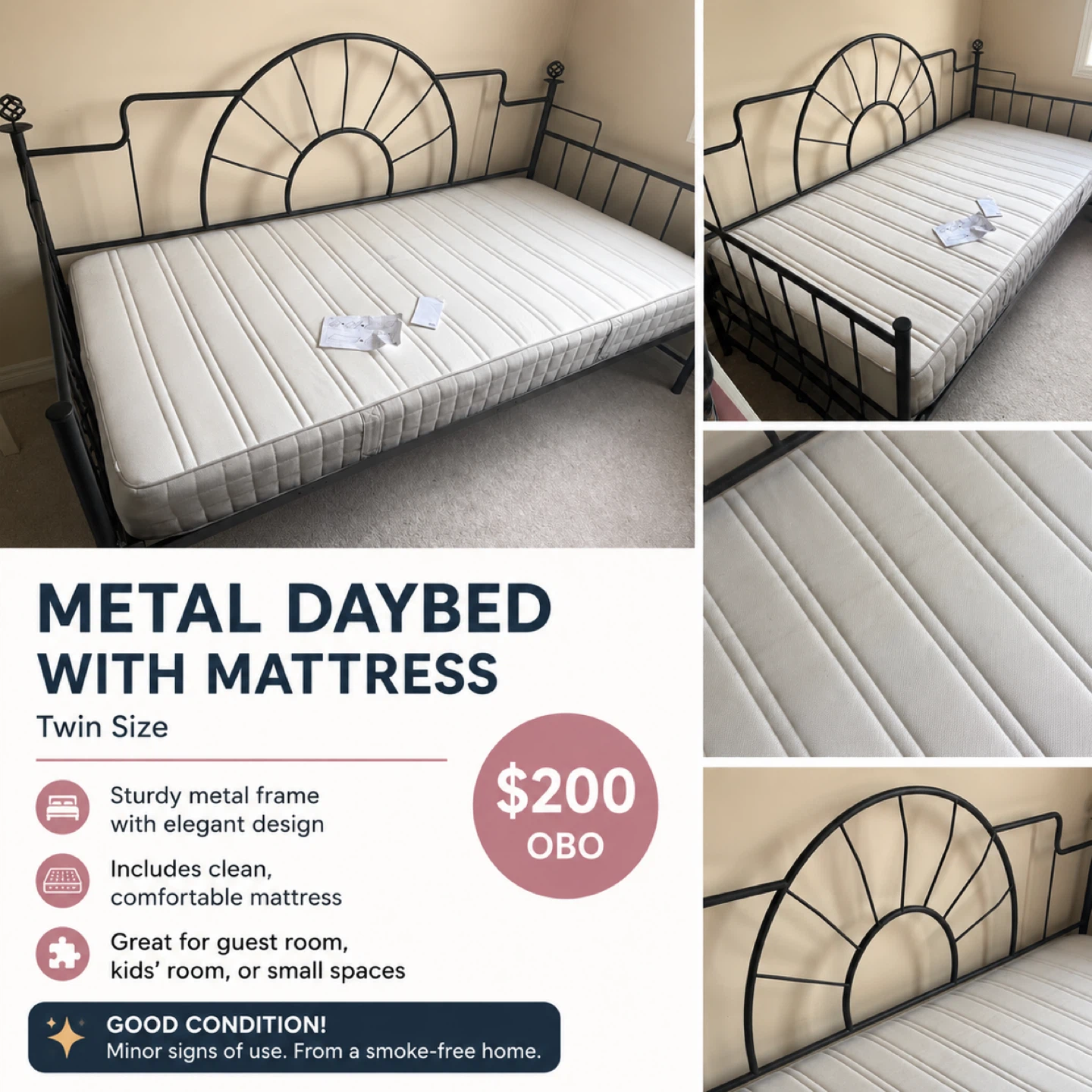 Metal Daybed with Mattress - Twin Size