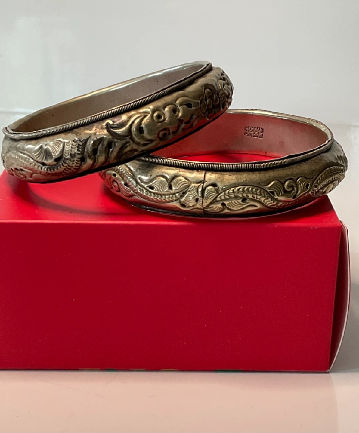 Vintage Chinese Engraved Silver Tone Bangle Bracelets Pair
