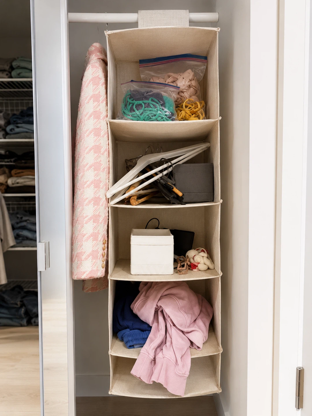 Hanging Closet Organizer Shelves plus boxes plus hangers