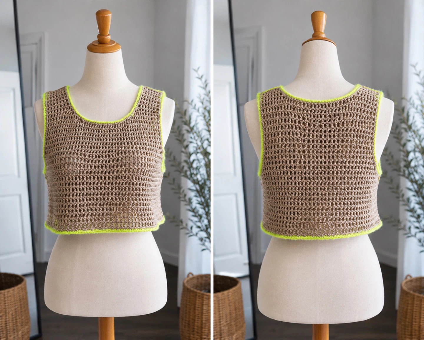 Crocheted Tank Top - Tan with Neon Green Trim