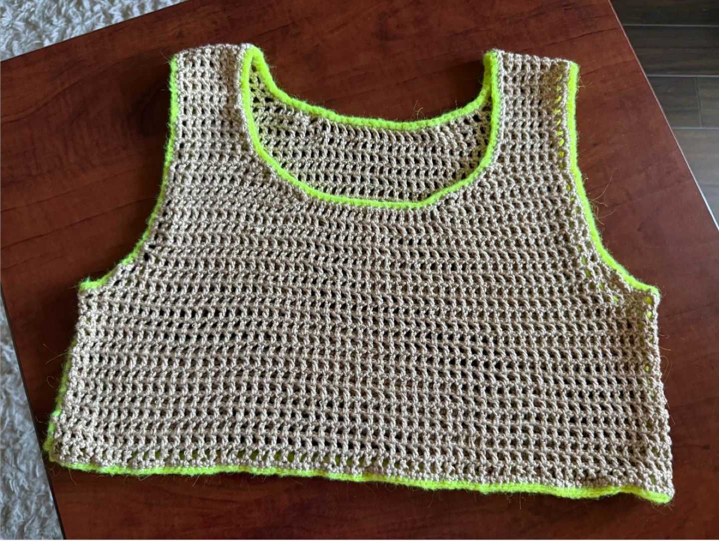 Crocheted Tank Top - Tan with Neon Green Trim - photo 4