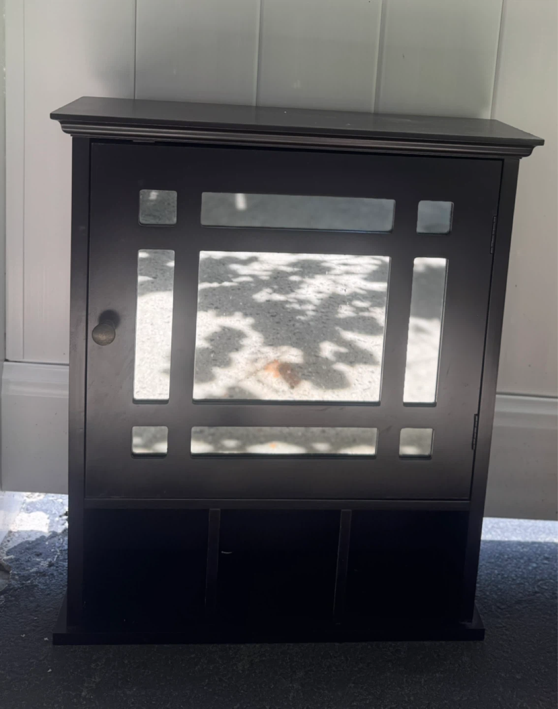 Dark Wood Wall Cabinet with Shelves and Mirrored Door