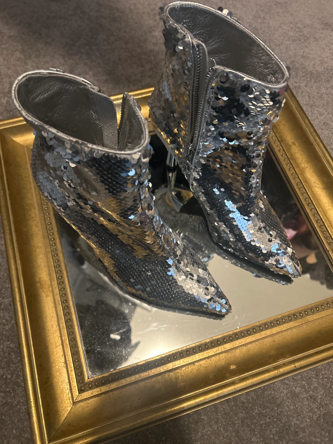Silver Sequin Heeled Booties