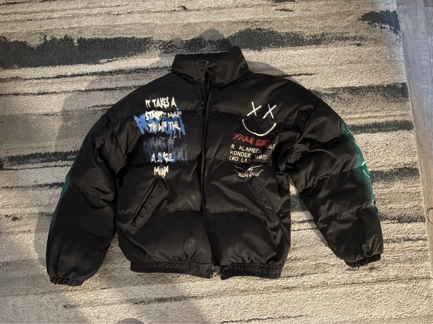 Freshniss Black Puffer Jacket with Graffiti Design