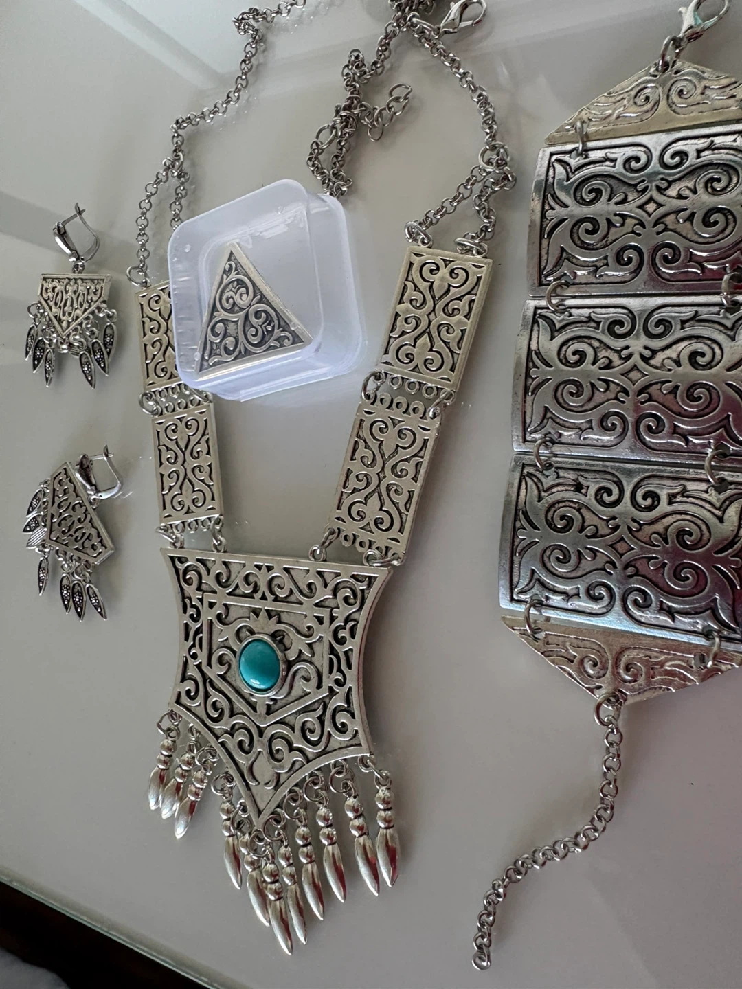 Silver Tone Statement Necklace Set with Turquoise