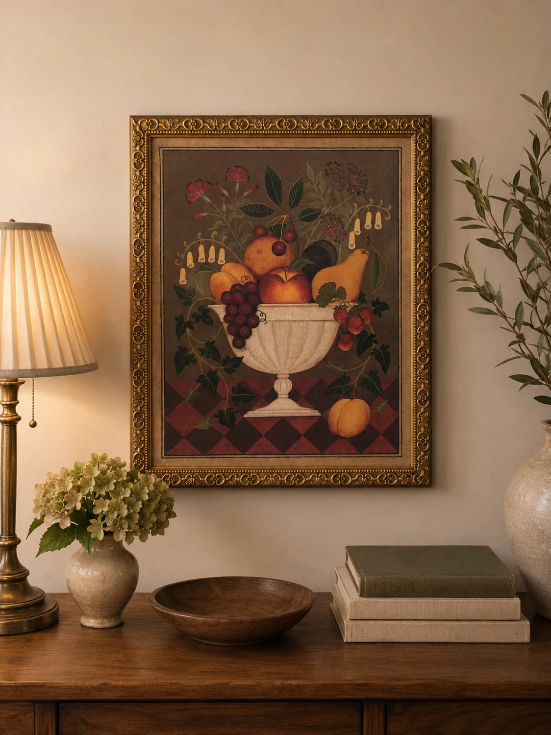 Framed Folk Art Fruit Still Life Painting