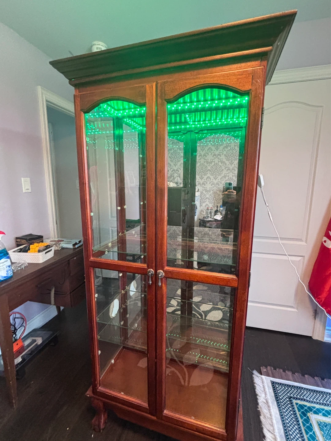 Cherry Wood Display Cabinet with Green LED Lights