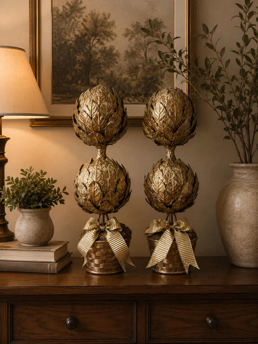 Set of 2 Gold Artichoke Topiary Decor