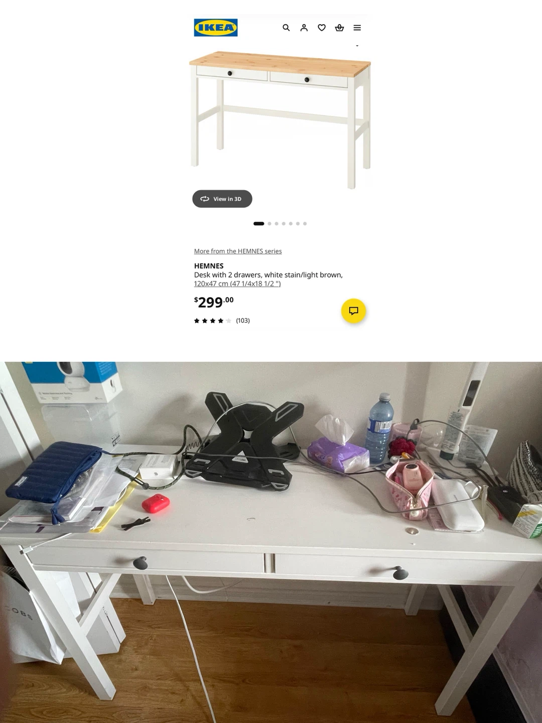 IKEA HEMNES Desk with 2 Drawers - White Stain/Light Brown