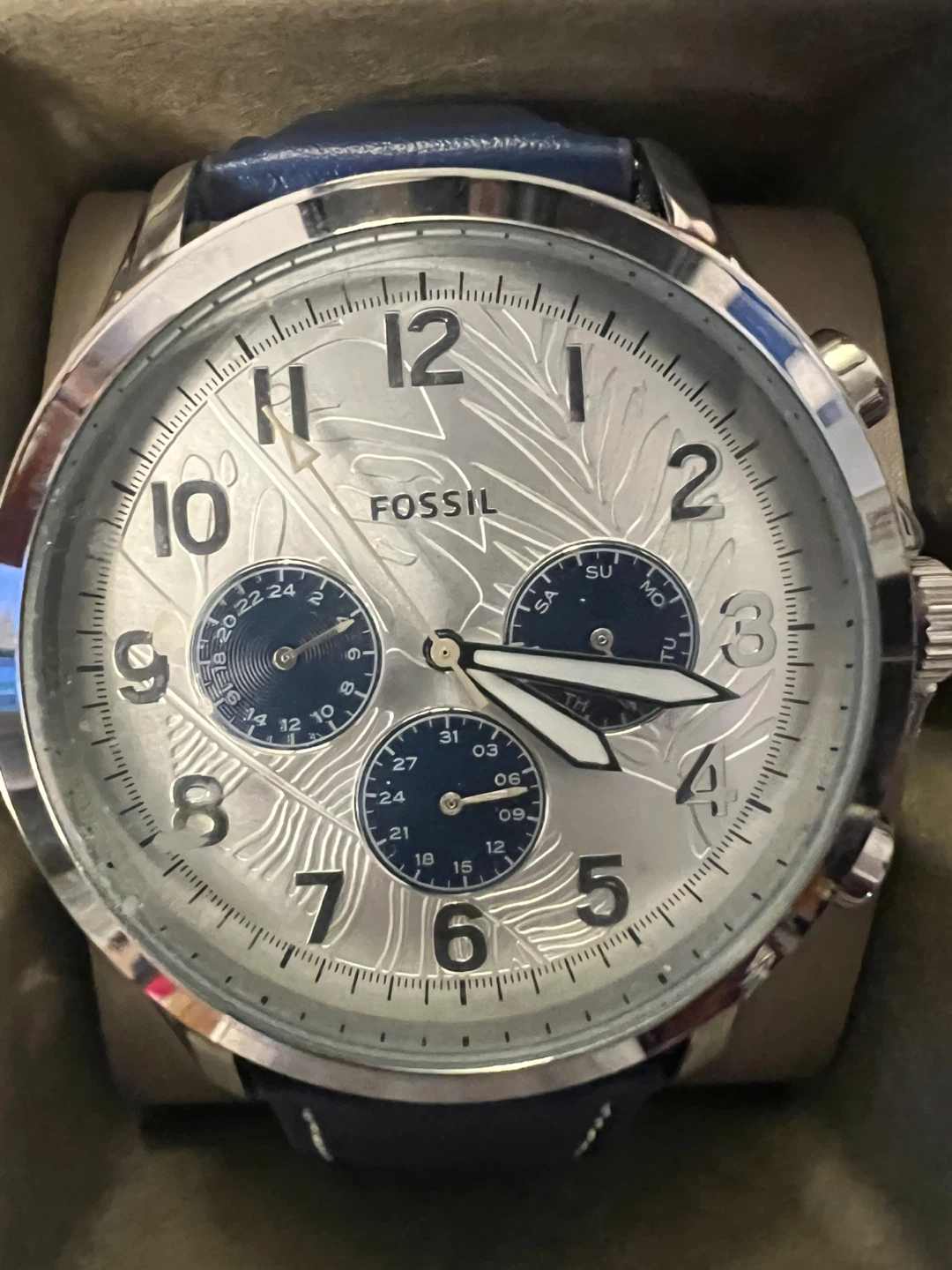 Fossil Chronograph Watch with Blue Leather Strap
