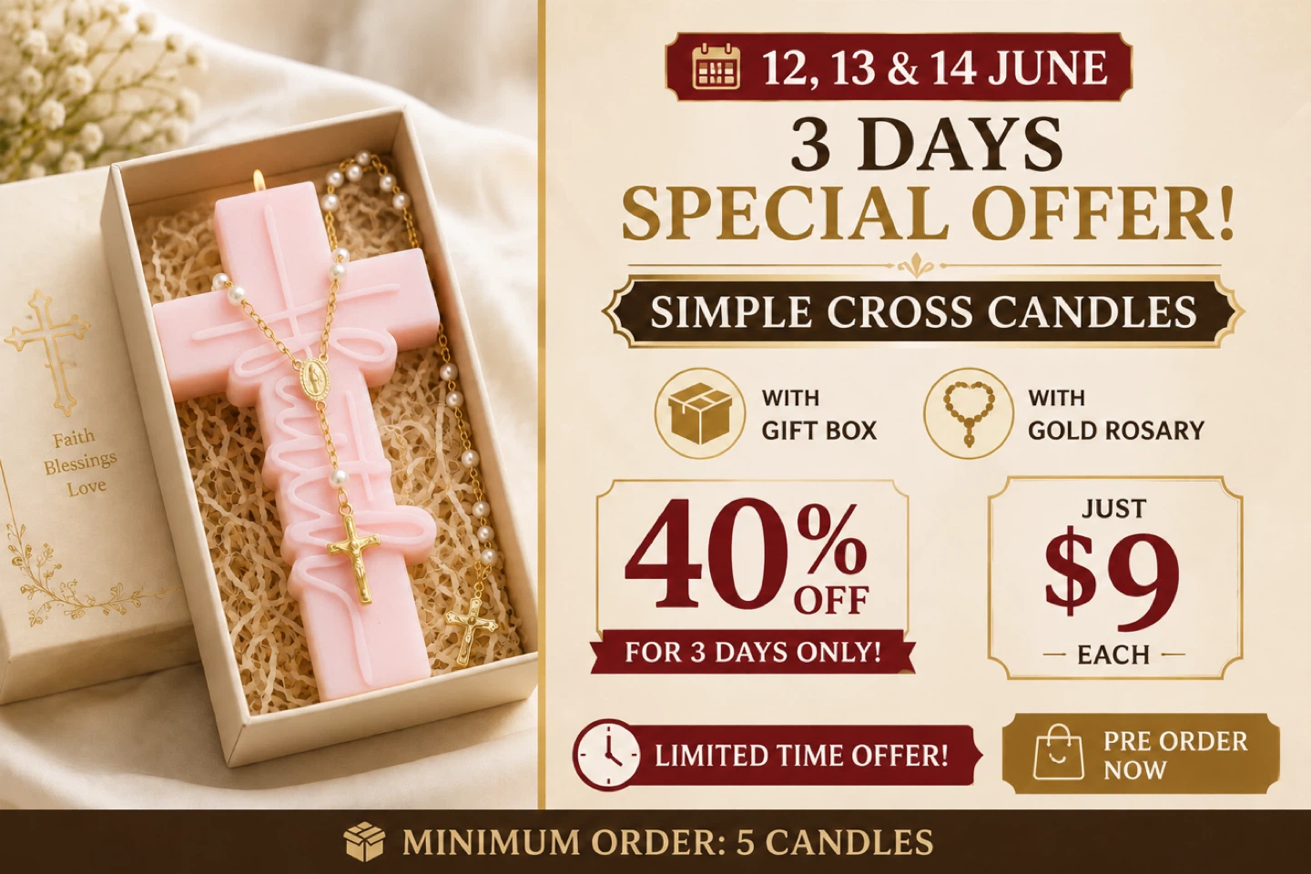 Pink Simple Cross Candle with Gold Rosary