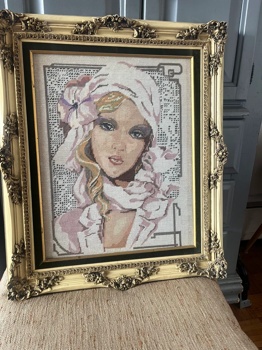 Framed Needlepoint Portrait of a Woman