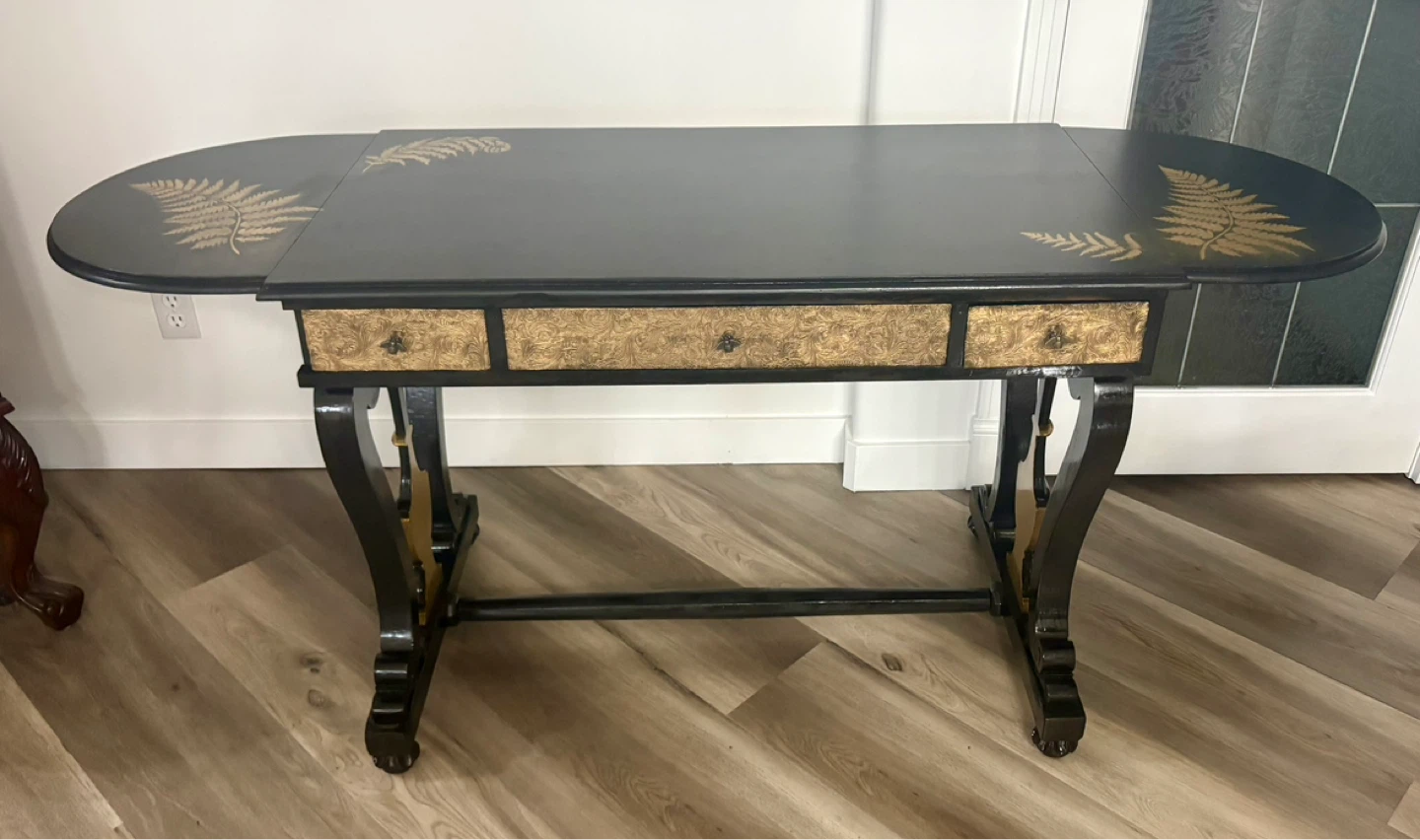 Black Expandable Desk with Gold Fern Accents