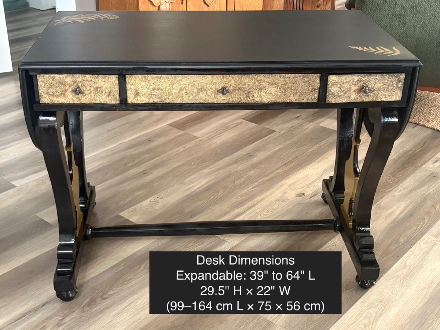 Black Expandable Desk with Gold Fern Accents - photo 3