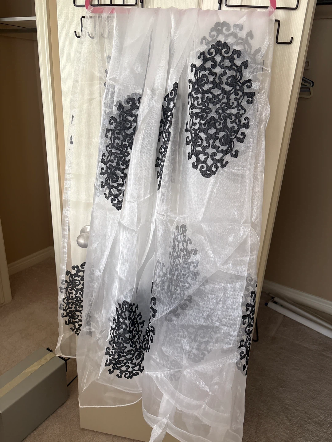 2 White Sheer Curtain with Black Damask Pattern