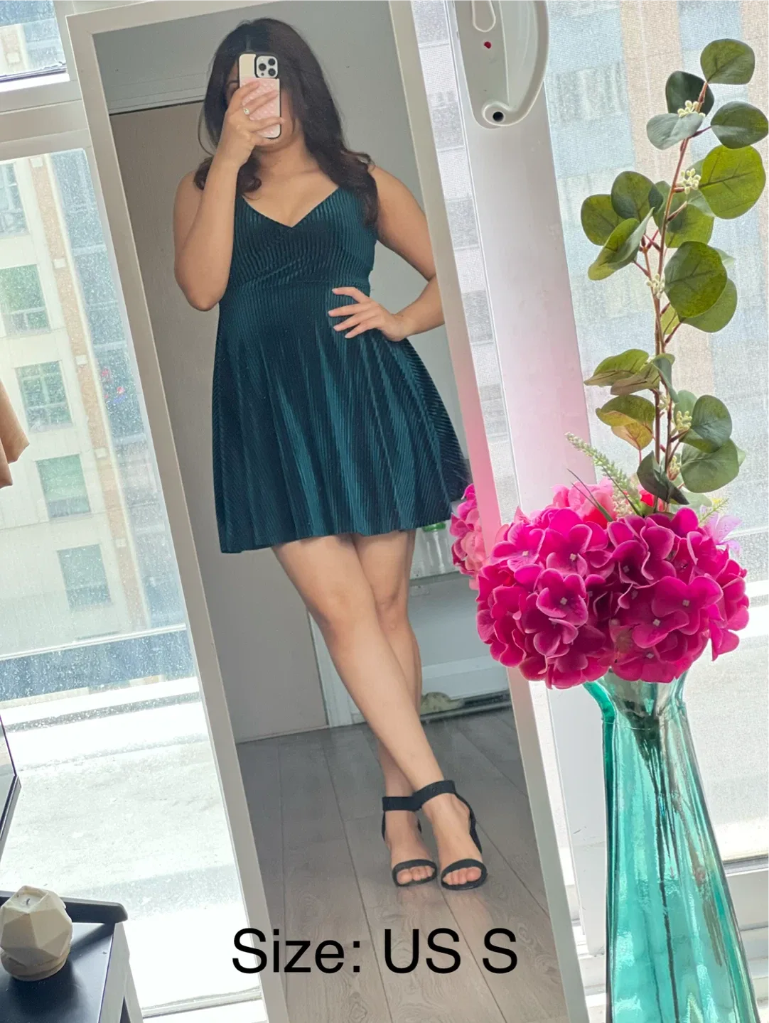Women's Teal Velvet Pleated Dress