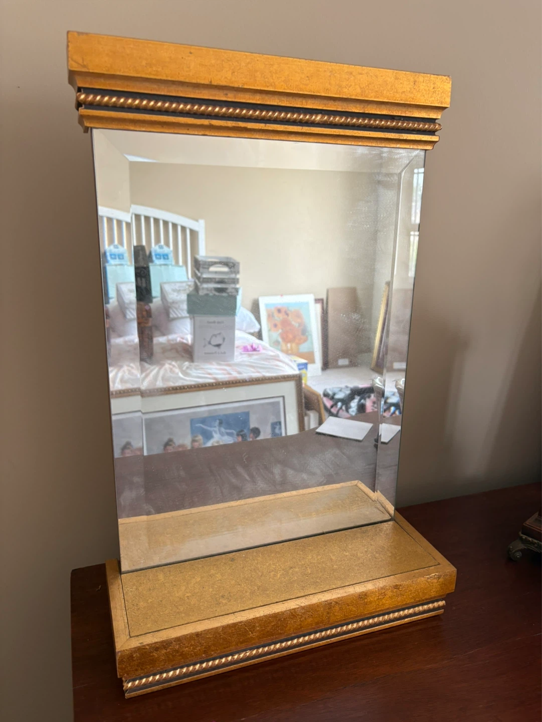 Neoclassical Giltwood Beveled Glass Wall Mirror with Shelf - photo 2