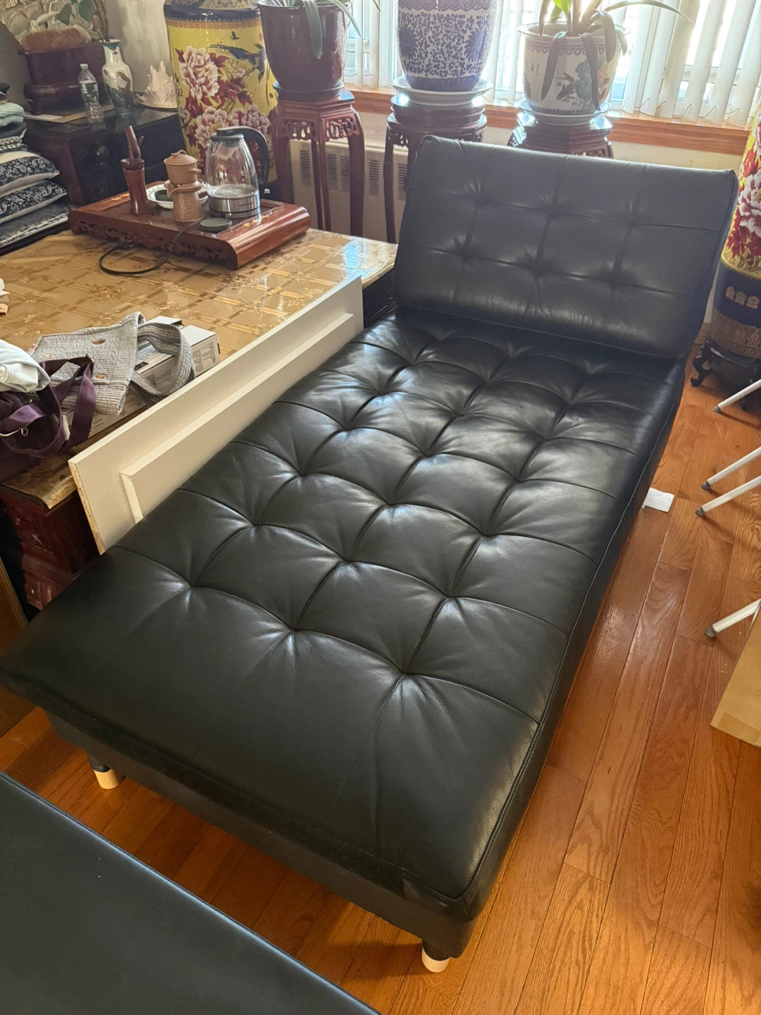 Black Faux Leather Tufted Chaise