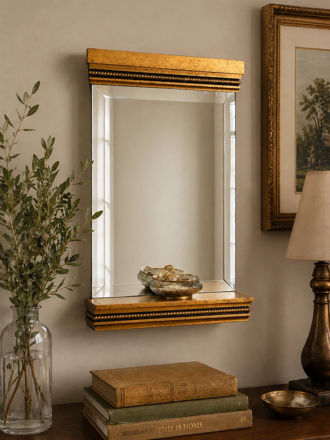 Neoclassical Giltwood Beveled Glass Wall Mirror with Shelf