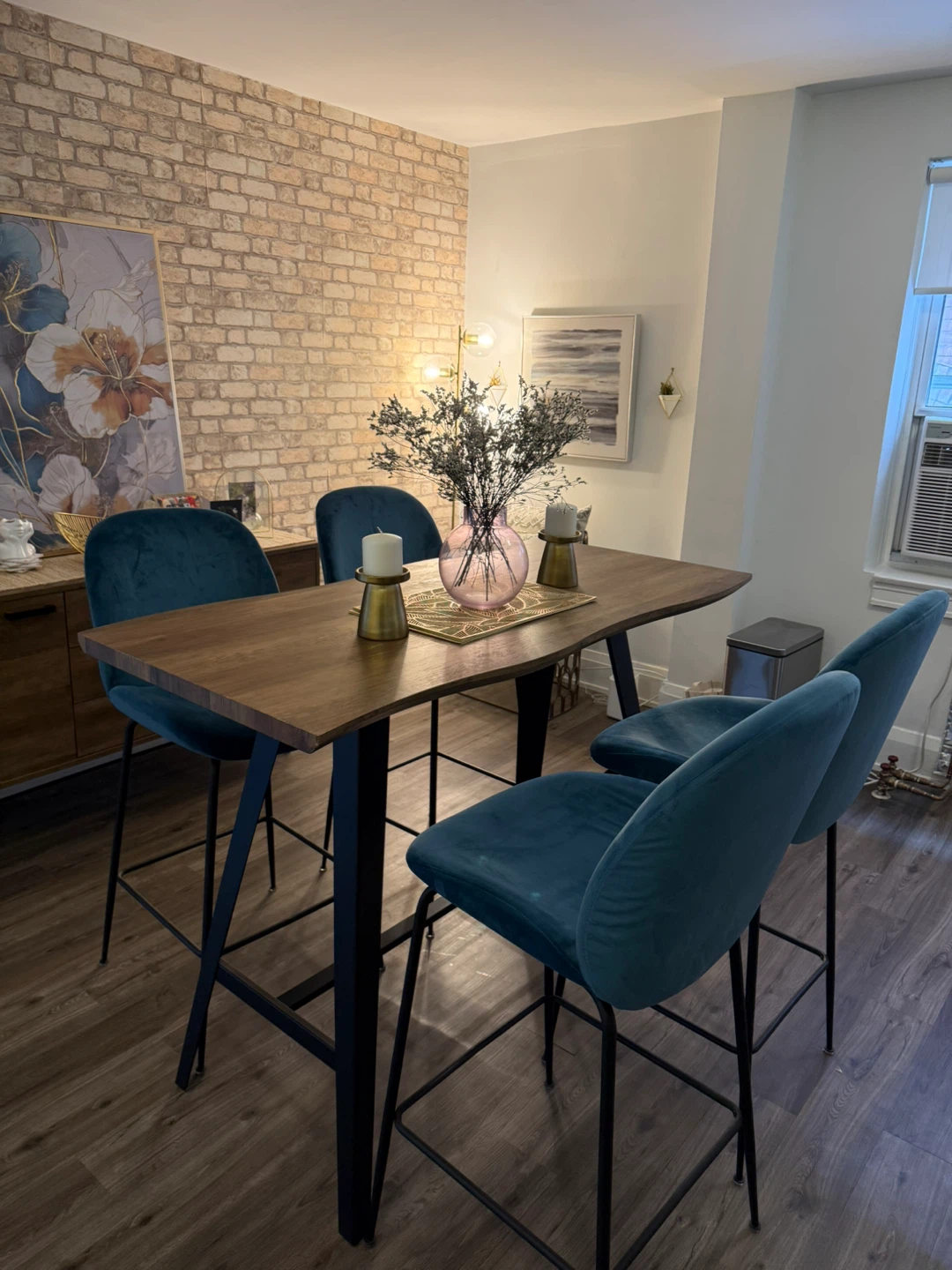 Table with Teal Velvet Bar Stools (Set of 4) **MUST GO!