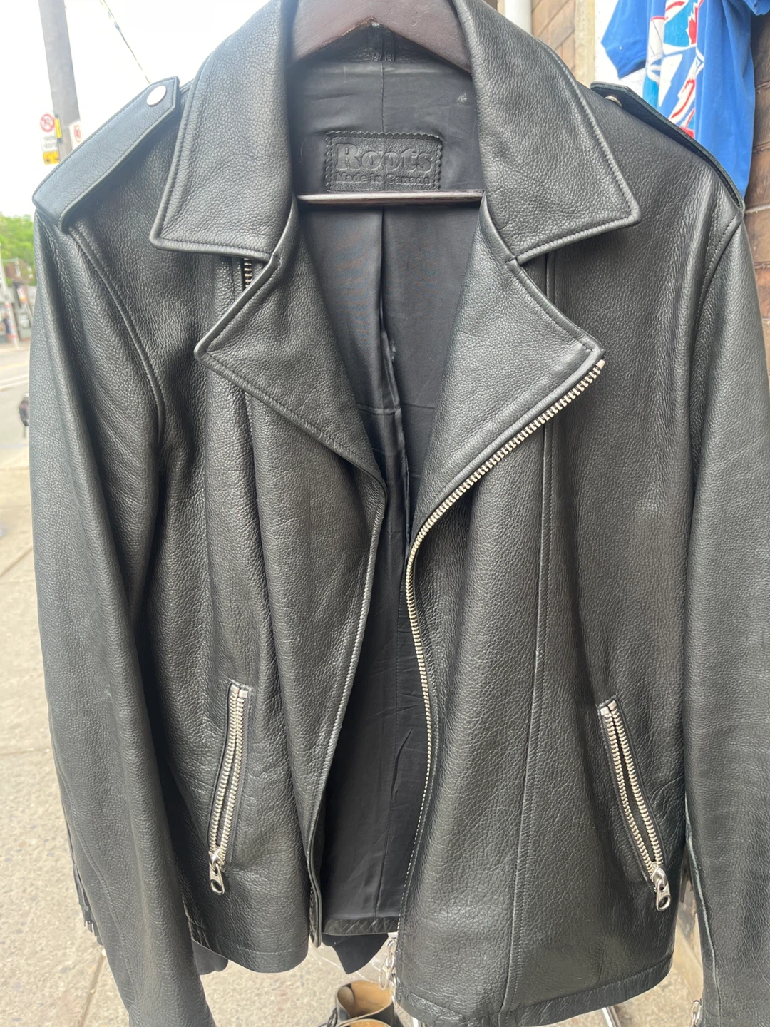 Roots Black Leather Motorcycle Jacket