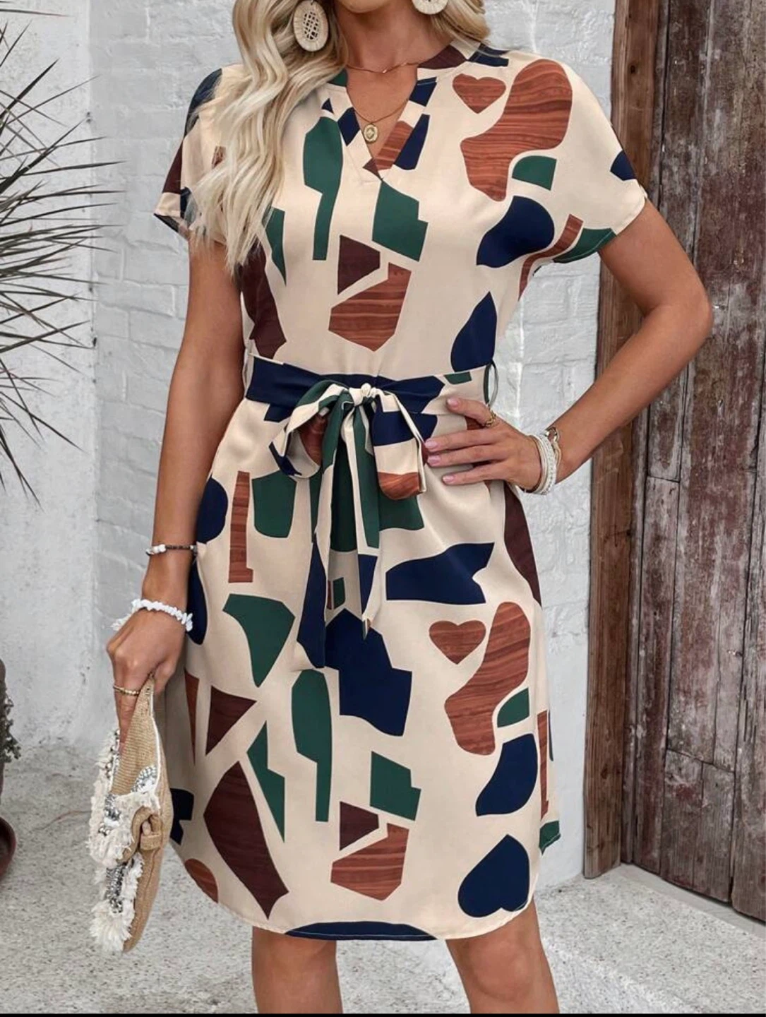 Women's Geometric Print Short Sleeve Belted Dress - photo 3