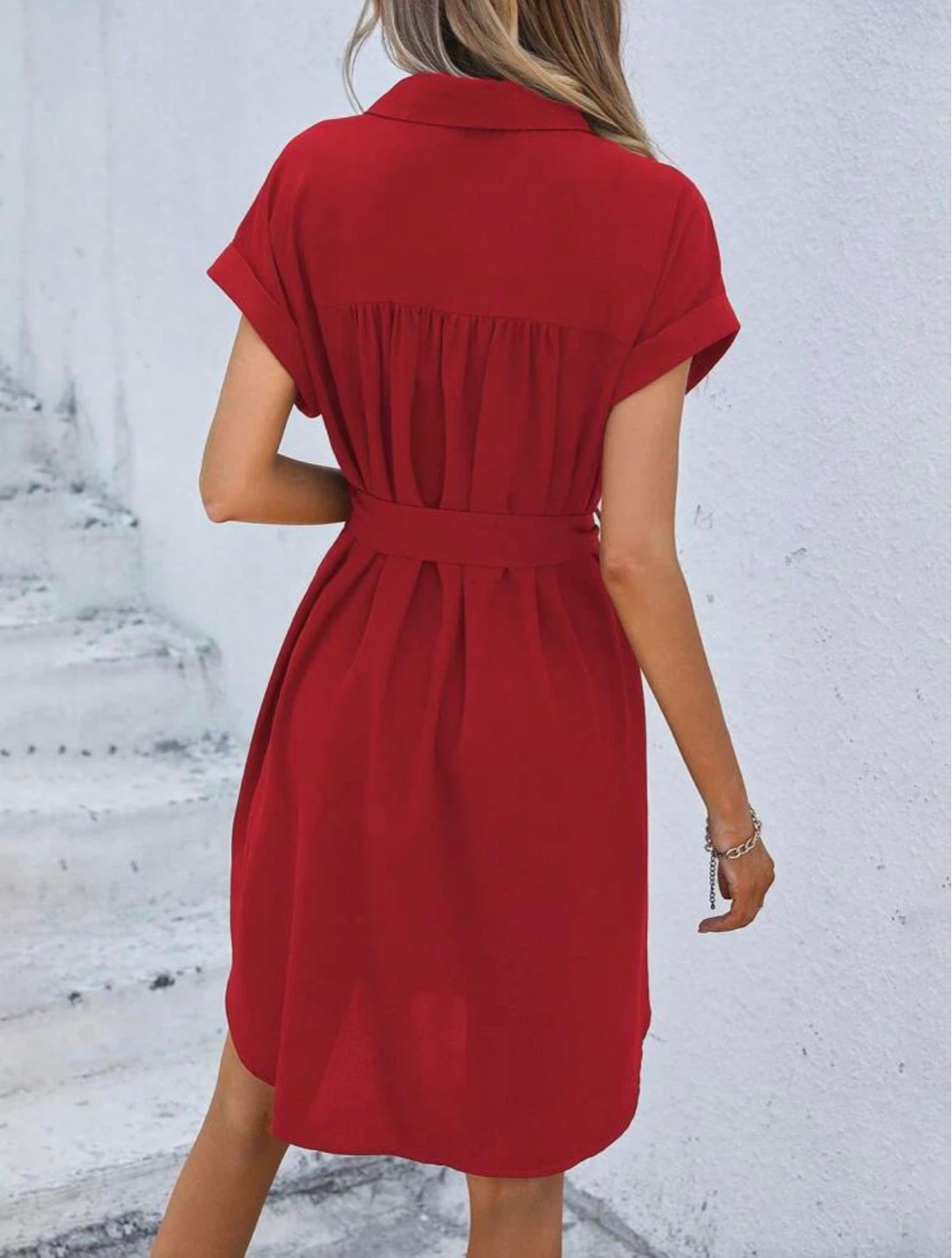 Red button-up shirt dress with tie waist - photo 3