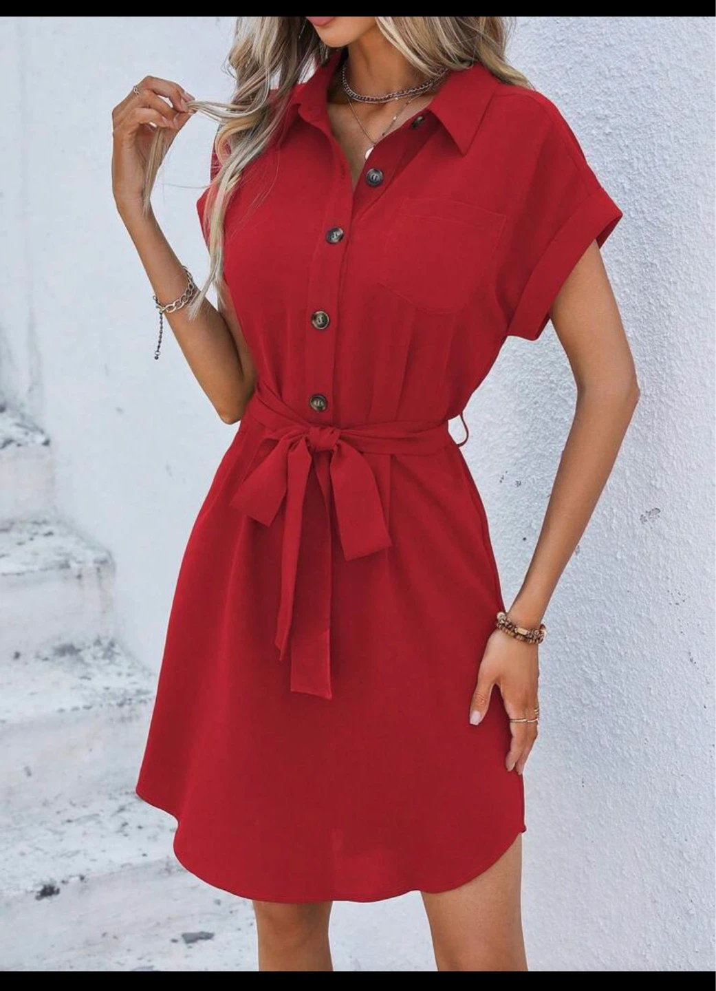 Red button-up shirt dress with tie waist