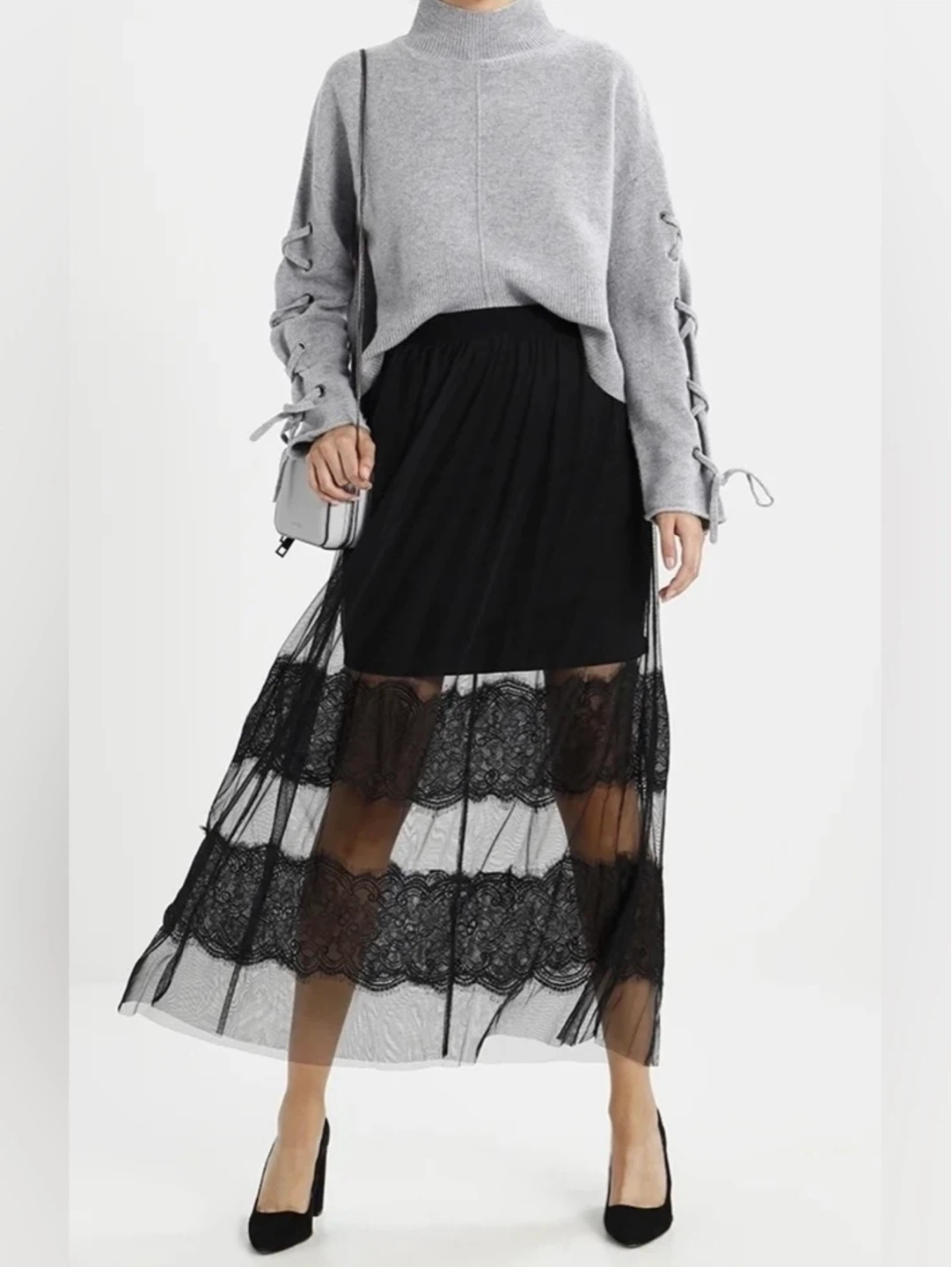 VILA Black Mesh Lace-Tier Midaxi/Maxi Skirt size M - photo 2