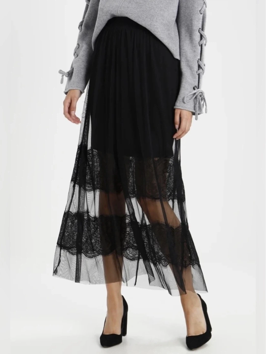 VILA Black Mesh Lace-Tier Midaxi/Maxi Skirt size M